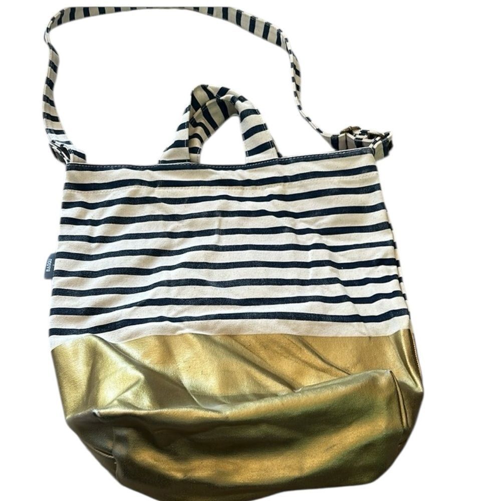 Baggu + West Elm Striped Tote Crossbody strap with gold bottom R painted on